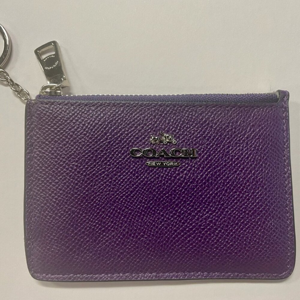 Coach Purple Hologram Pebble Leather Card Pouch Mini Wallet W/Keychain